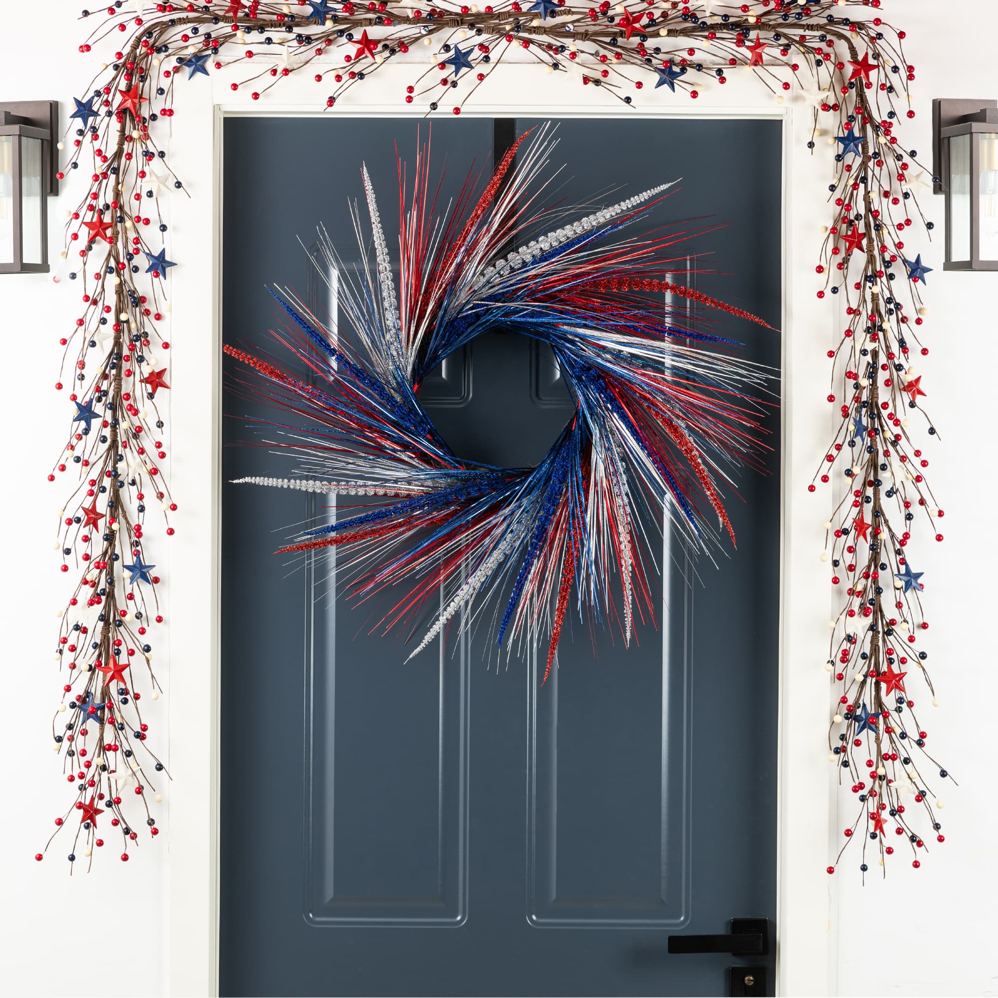 Glitzhome® 24" Patriotic Americana Tinsel and Heather Wreath